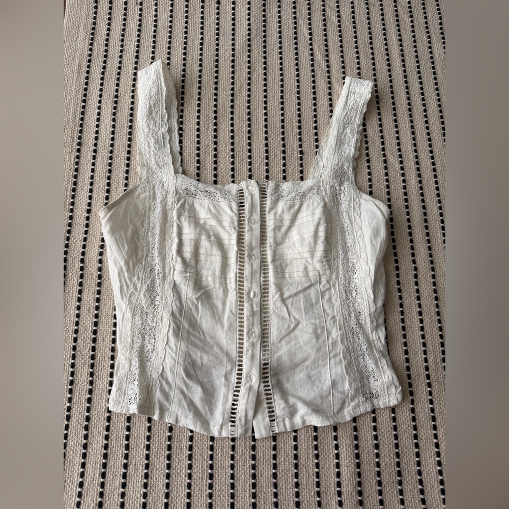 Free People Cropped Linen Tank Top S Dainty Lace